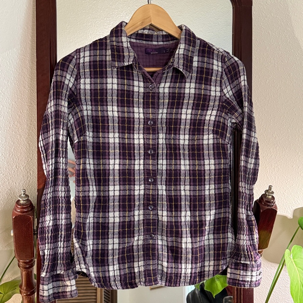 Prana Plaid Button Up Flannel Shirt 100% Cotton Cabincore Gorpcore Granola